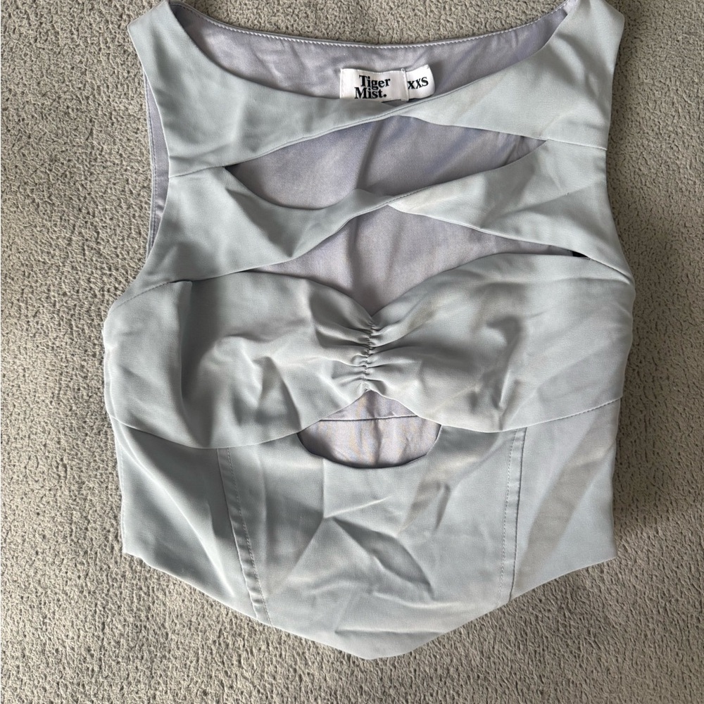 Tiger Mist Gray Ruched Cutout Tank Top